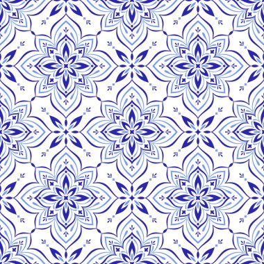 Akdeniz mavisi, beyaz arka planda pürüzsüz desen. Azulejo, talavera veya majolica fayansları. Portekizli, Faslı, Sicilyalı, İspanyol halk motifleri. Geometrik mozaik, çiçek süsü. Vektör illüstrasyonu