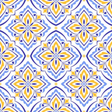 Akdeniz mavisi, sarı, pürüzsüz desen. Etnik mozaik tasarımı. Azulejo, talavera, ya da majolica motifleri. Portekizce, İtalyanca, İspanyolca, Sicilya fayansı. Çiçek süsü. El çizimi vektör illüstrasyonu