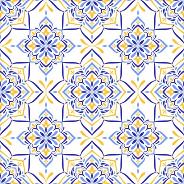 Akdeniz mavisi, sarı, pürüzsüz desen. Etnik halk tasarımı. Azulejo, talavera, ya da majolica motifleri. Portekizce, İtalyanca, İspanyolca, Sicilya fayansı. Çiçek mozaik süsü. Vektör illüstrasyonu