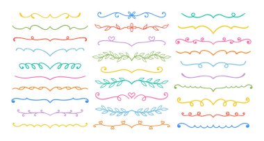 Flourish ve Bölücüler pastel boya seti. Renkli kalem çizimleri. Karalama tebeşiri dekoratif çizgiler, altı çizili, grevli, yapraklı dallar. El çizimi semboller. Vektör illüstrasyonu