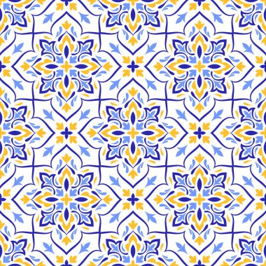 Beyaz arka planda Akdeniz mavisi, sarı, pürüzsüz desen. Azulejo ya da majolica fayansları. Portekizli, Faslı, Sicilyalı, İspanyol halk motifleri. Geometrik mozaik, çiçek süsü. Vektör illüstrasyonu