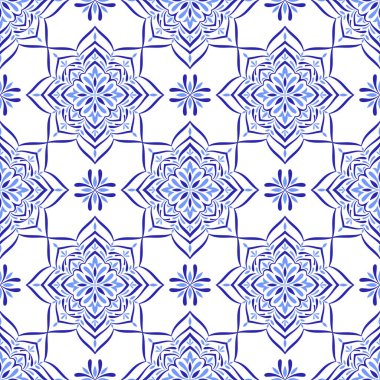 Akdeniz mavisi, beyaz arka planda pürüzsüz desen. Azulejo, talavera veya majolica fayansları. Portekizli, Faslı, Sicilyalı, İspanyol halk motifleri. Geometrik mozaik, çiçek süsü. Vektör illüstrasyonu