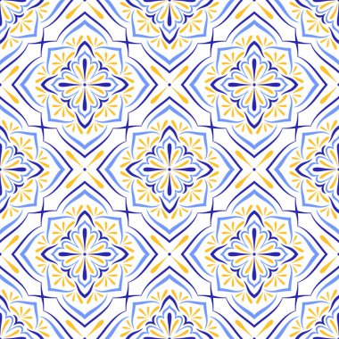 Akdeniz mavisi sarı fayans. Geleneksel talavera ya da majolica etnik dikişsiz desen. Portekizli, Faslı, Sicilyalı, İspanyol halk motifleri. Kare mozaik süsü. Vektör illüstrasyonu