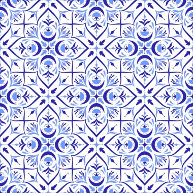 Akdeniz mavisi pürüzsüz desen. Etnik mozaik tasarımı. Azulejo, talavera, ya da majolica motifleri. Portekizce, İtalyanca, İspanyolca, Sicilya fayansı. Çiçek süsü. El çizimi vektör illüstrasyonu
