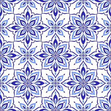 Akdeniz mavisi pürüzsüz desen. Etnik halk tasarımı. Azulejo, talavera, ya da majolica motifleri. Portekizce, İtalyanca, İspanyolca, Sicilya fayansı. Çiçek mozaik süsü. El çizimi vektör illüstrasyonu