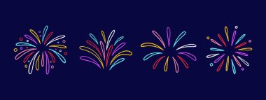 Renkli havai fişek seti. El çizimi çizimleri, parıltı, kestane fişeği, konfeti. Tebeşir çizimi. Sevimli çocuksu parti karalamaları. Doğum günü, karnaval, tatil tasarımları. Vektör, koyu bg