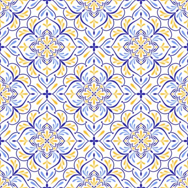 Akdeniz mavisi, sarı, pürüzsüz desen. Etnik mozaik tasarımı. Azulejo, talavera, ya da majolica motifleri. Portekizce, İtalyanca, İspanyolca, Sicilya fayansı. Çiçek süsü. El çizimi vektör illüstrasyonu
