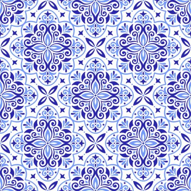 Akdeniz mavisi fayans. Azulejo, talavera ya da majolica etnik, pürüzsüz desen. Portekizli, Faslı, Sicilyalı, İspanyol halk motifleri. Çiçek süsü. Kare mozaik arka plan. Vektör illüstrasyonu