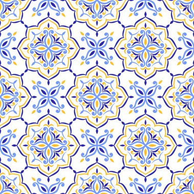 Akdeniz mavisi sarı fayans. Geleneksel talavera ya da majolica etnik dikişsiz desen. Portekizli, Faslı, Sicilyalı, İspanyol halk motifleri. Kare mozaik süsü. Vektör illüstrasyonu