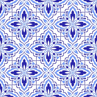 Akdeniz mavisi, beyaz arka planda pürüzsüz desen. Azulejo, talavera veya majolica fayansları. Portekizli, Faslı, Sicilyalı, İspanyol halk motifleri. Geometrik mozaik, çiçek süsü. Vektör illüstrasyonu
