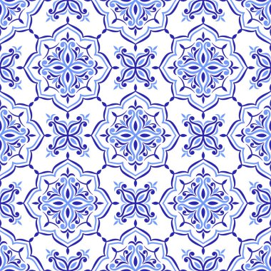 Akdeniz mavisi fayans. Azulejo, talavera ya da majolica etnik, pürüzsüz desen. Portekizli, Faslı, Sicilyalı, İspanyol halk motifleri. Çiçek süsü. Kare mozaik arka plan. Vektör illüstrasyonu