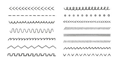 Flourish ve Bölücüler pastel boya seti. Siyah kalem çizimleri. Dekoratif karalama işaretleri, dalga vuruşları, çizgiler, altçizgiler, vuruşlar. El çizimi semboller. Vektör illüstrasyonu