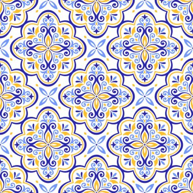 Akdeniz mavisi sarı fayans. Talavera ya da majolica etnik, pürüzsüz desen. Portekizli, Faslı, Sicilyalı, İspanyol halk motifleri. Çiçek süsü. Kare mozaik arka plan. Vektör illüstrasyonu