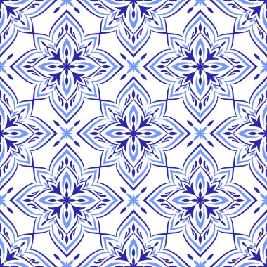 Akdeniz mavisi pürüzsüz desen. Etnik halk tasarımı. Azulejo, talavera, ya da majolica motifleri. Portekizce, İtalyanca, İspanyolca, Sicilya fayansı. Çiçek mozaik süsü. El çizimi vektör illüstrasyonu