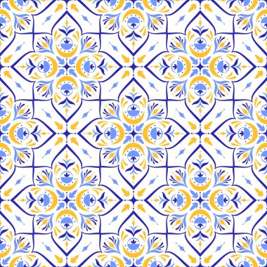 Beyaz arka planda Akdeniz mavisi, sarı, pürüzsüz desen. Azulejo ya da majolica fayansları. Portekizli, Faslı, Sicilyalı, İspanyol halk motifleri. Geometrik mozaik, çiçek süsü. Vektör illüstrasyonu