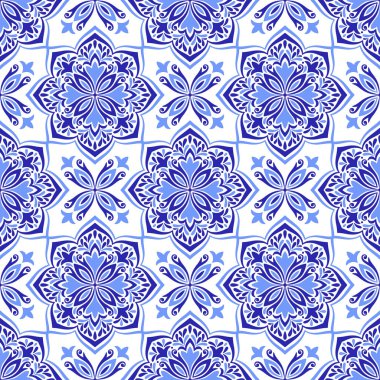 Akdeniz mavisi pürüzsüz desen. Etnik halk tasarımı. Azulejo, talavera, ya da majolica motifleri. Portekizce, İtalyanca, İspanyolca, Sicilya fayansı. Çiçek mozaik süsü. El çizimi vektör illüstrasyonu