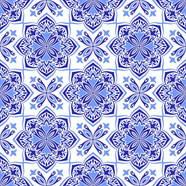 Akdeniz mavisi pürüzsüz desen. Etnik halk tasarımı. Azulejo, talavera, ya da majolica motifleri. Portekizce, İtalyanca, İspanyolca, Sicilya fayansı. Çiçek mozaik süsü. El çizimi vektör illüstrasyonu