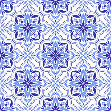 Akdeniz mavisi fayans. Azulejo, talavera ya da majolica etnik, pürüzsüz desen. Portekizli, Faslı, Sicilyalı, İspanyol halk motifleri. Çiçek süsü. Kare mozaik arka plan. Vektör illüstrasyonu