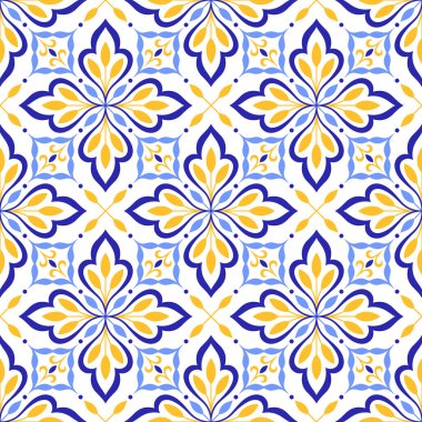 Akdeniz mavisi, sarı, pürüzsüz desen. Etnik halk tasarımı. Azulejo, talavera, majolica motifleri. Portekizce, İtalyanca, İspanyolca, Sicilya fayansı. Çiçek mozaik süsü. El çizimi vektör illüstrasyonu