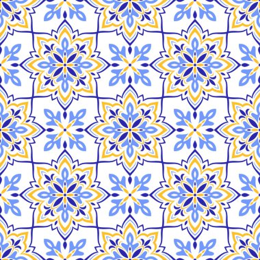 Beyaz arka planda Akdeniz mavisi, sarı, pürüzsüz desen. Azulejo ya da majolica fayansları. Portekizli, Faslı, Sicilyalı, İspanyol halk motifleri. Geometrik mozaik, çiçek süsü. Vektör illüstrasyonu