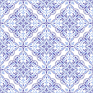 Akdeniz mavisi fayans. Azulejo, talavera ya da majolica etnik, pürüzsüz desen. Portekizli, Faslı, Sicilyalı, İspanyol halk motifleri. Çiçek süsü. Kare mozaik arka plan. Vektör illüstrasyonu