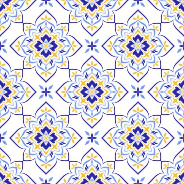 Akdeniz mavisi sarı fayans. Talavera ya da majolica etnik, pürüzsüz desen. Portekizli, Faslı, Sicilyalı, İspanyol halk motifleri. Çiçek süsü. Kare mozaik arka plan. Vektör illüstrasyonu