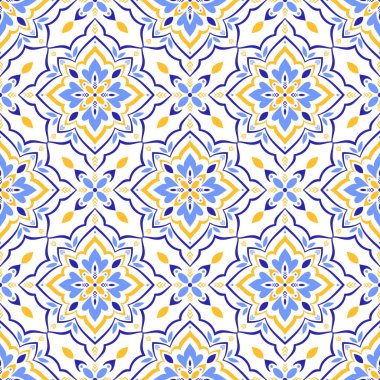 Akdeniz mavisi, sarı, pürüzsüz desen. Etnik mozaik tasarımı. Azulejo, talavera, ya da majolica motifleri. Portekizce, İtalyanca, İspanyolca, Sicilya fayansı. Çiçek süsü. El çizimi vektör illüstrasyonu