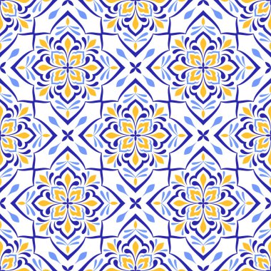 Akdeniz mavisi sarı fayans. Talavera ya da majolica etnik, pürüzsüz desen. Portekizli, Faslı, Sicilyalı, İspanyol halk motifleri. Çiçek süsü. Kare mozaik arka plan. Vektör illüstrasyonu
