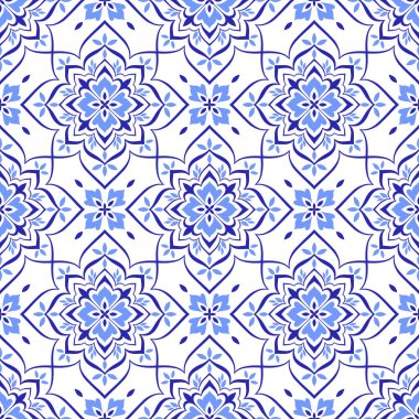 Akdeniz mavisi fayans. Azulejo, talavera ya da majolica etnik, pürüzsüz desen. Portekizli, Faslı, Sicilyalı, İspanyol halk motifleri. Çiçek süsü. Kare mozaik arka plan. Vektör illüstrasyonu