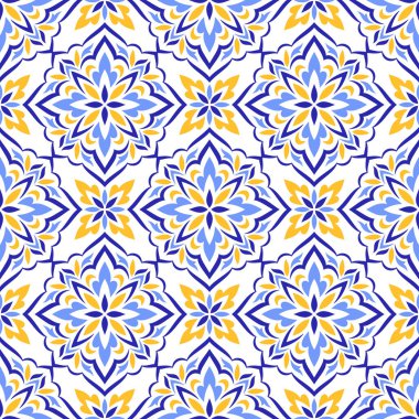 Beyaz arka planda Akdeniz mavisi, sarı, pürüzsüz desen. Azulejo ya da majolica fayansları. Portekizli, Faslı, Sicilyalı, İspanyol halk motifleri. Geometrik mozaik, çiçek süsü. Vektör illüstrasyonu