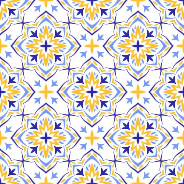 Akdeniz mavisi sarı fayans. Geleneksel talavera ya da majolica etnik dikişsiz desen. Portekizli, Faslı, Sicilyalı, İspanyol halk motifleri. Kare mozaik süsü. Vektör illüstrasyonu