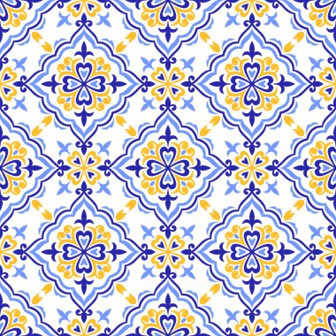 Akdeniz mavisi, sarı, pürüzsüz desen. Etnik mozaik tasarımı. Azulejo, talavera, ya da majolica motifleri. Portekizce, İtalyanca, İspanyolca, Sicilya fayansı. Çiçek süsü. El çizimi vektör illüstrasyonu