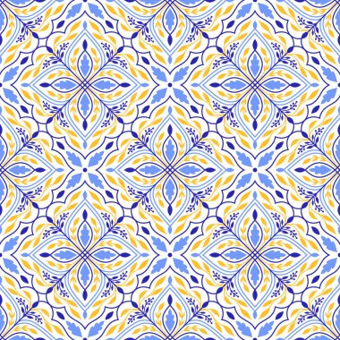 Akdeniz mavisi sarı fayans. Talavera ya da majolica etnik, pürüzsüz desen. Portekizli, Faslı, Sicilyalı, İspanyol halk motifleri. Çiçek süsü. Kare mozaik arka plan. Vektör illüstrasyonu