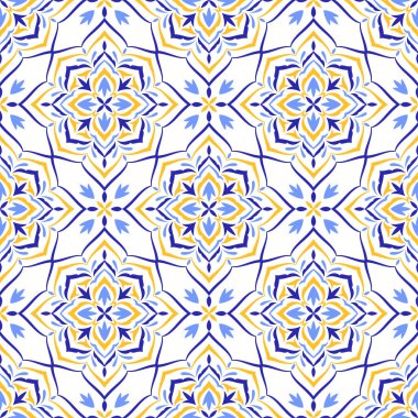 Akdeniz mavisi sarı fayans. Talavera ya da majolica etnik, pürüzsüz desen. Portekizli, Faslı, Sicilyalı, İspanyol halk motifleri. Çiçek süsü. Kare mozaik arka plan. Vektör illüstrasyonu