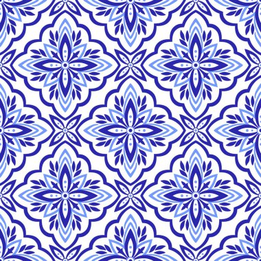Akdeniz mavisi, beyaz arka planda pürüzsüz desen. Azulejo, talavera veya majolica fayansları. Portekizli, Faslı, Sicilyalı, İspanyol halk motifleri. Geometrik mozaik, çiçek süsü. Vektör illüstrasyonu