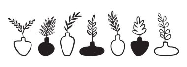 Pastel boya, siluet ve kontur vazoları çizdi. Yapraklı soyut organik çömlek. Minimalist tarzda modern seramik kaplar ve şarap kavanozları. Tasarım projeleri için siyah vektör illüstrasyonu ayarlandı.