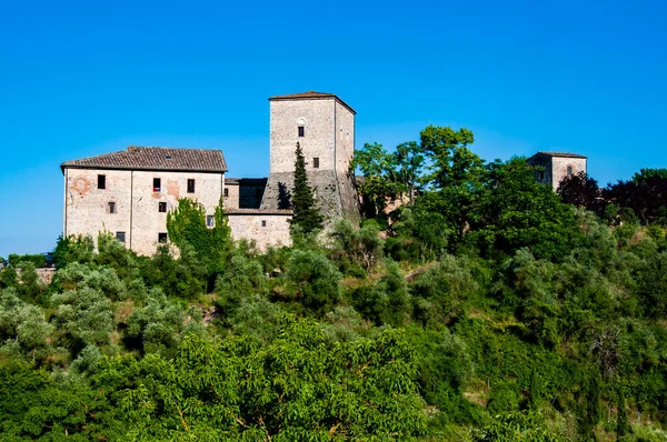 Panoramisch uitzicht op de Toscaanse heuvels met middeleeuwse huizen omgeven door bloeiende natuur — Stockfoto