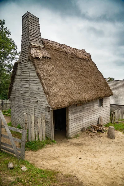 Edifícios Antigos Plimoth Plantação Plymouth Foi Primeiro Cenário Peregrinos América — Fotografia de Stock