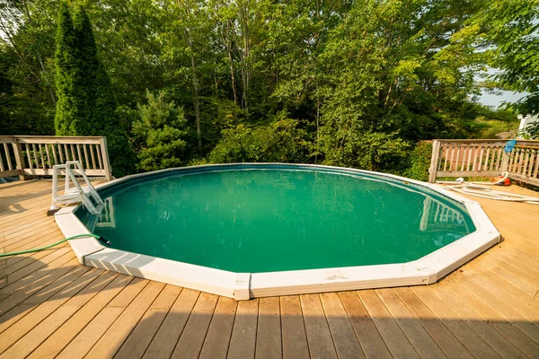 Home pool. A small rounded swimming pool with a deck in an home backyard