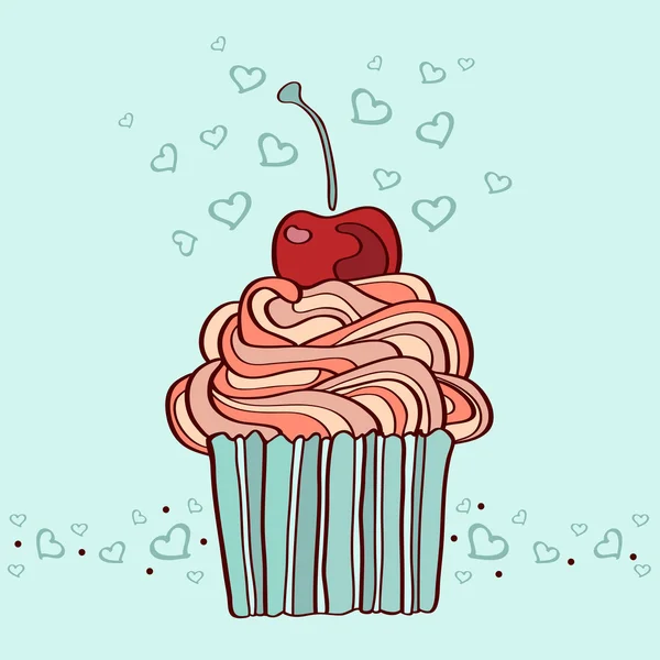 Vektor handgezeichnete Illustration von Cupcake mit Kirsche — Stockvektor