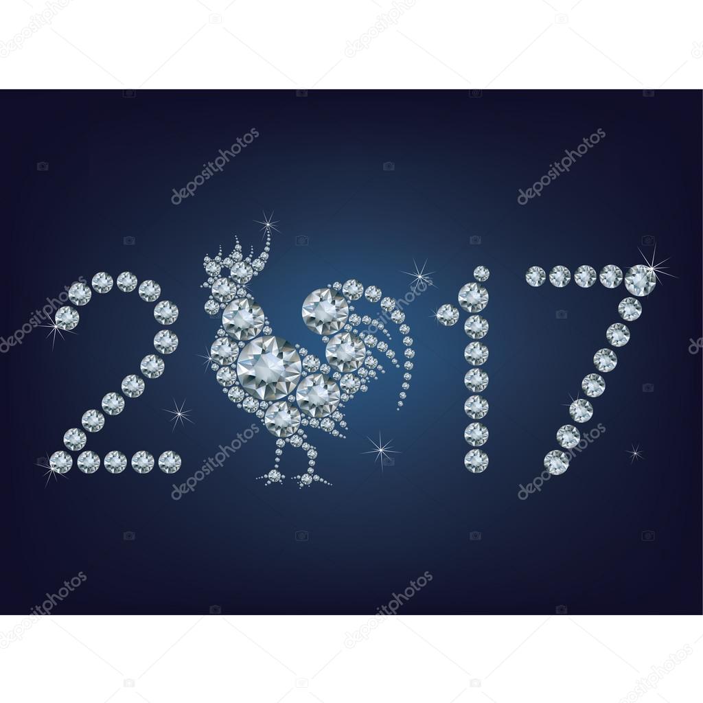 Happy new year 2017 creative greeting card with Rooster made up a lot of diamonds 