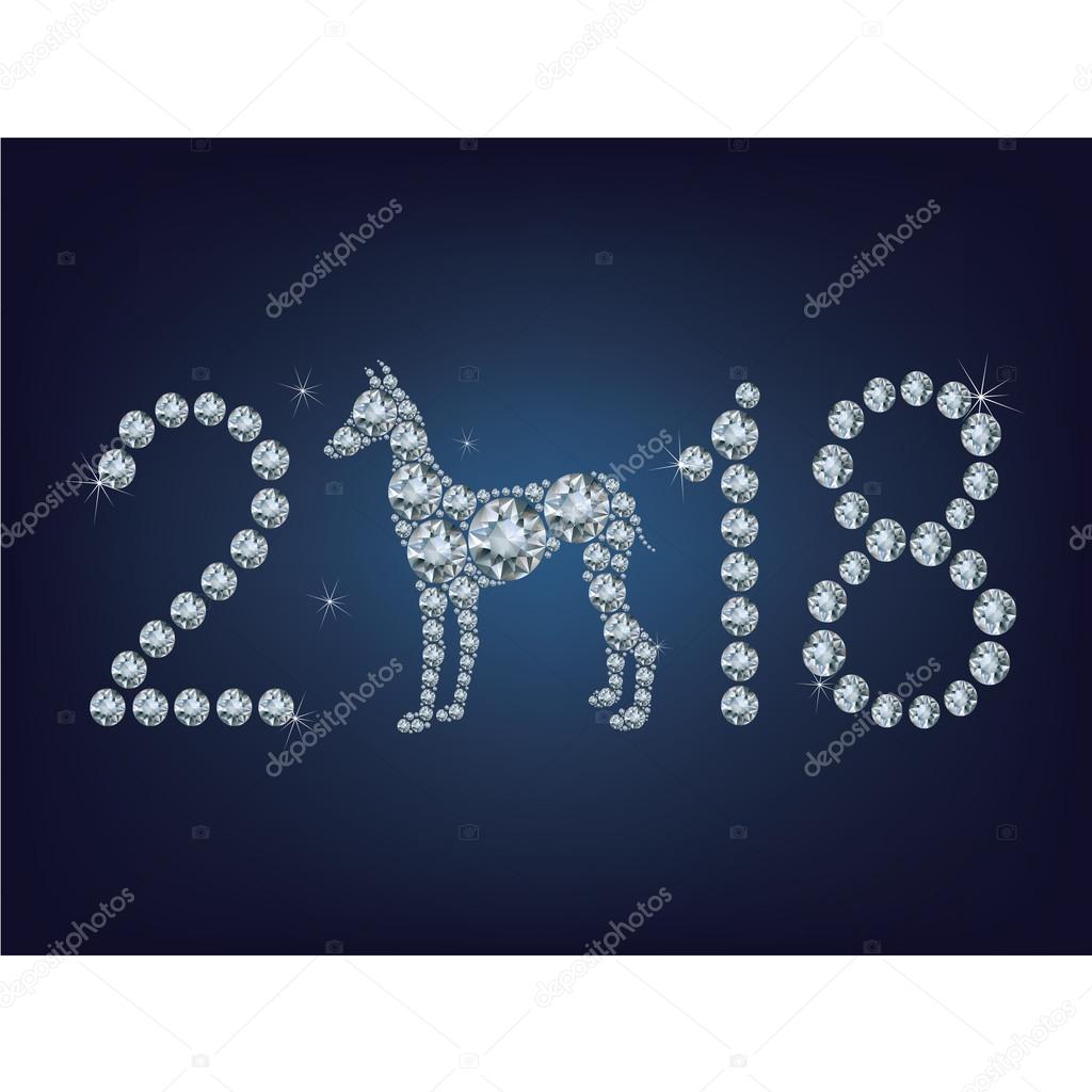 Happy new year 2018 creative greeting card with Dog made up a lot of diamonds 