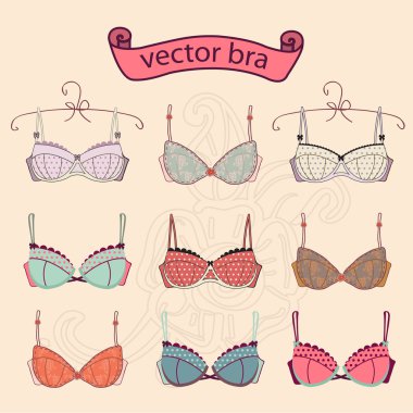Seksi vintage farklı kadın moda sutyen simgeler kümesi. 
