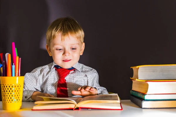 Preschool Boy Doing Homework Table Books — Stock Photo, Image