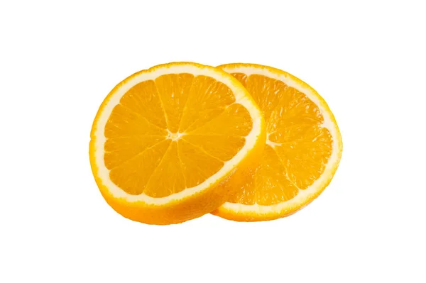 Два Ломтика Апельсина Белом Изолированном Фоне Нарезанный Апельсин — стоковое фото