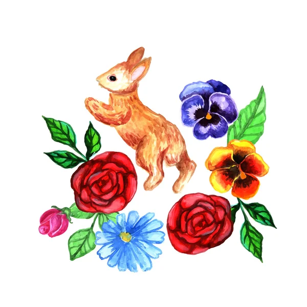 Conjunto de flores y conejo — Vector de stock