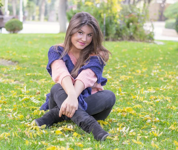 Bruneta dívka sedící v trávě na podzim — Stock fotografie