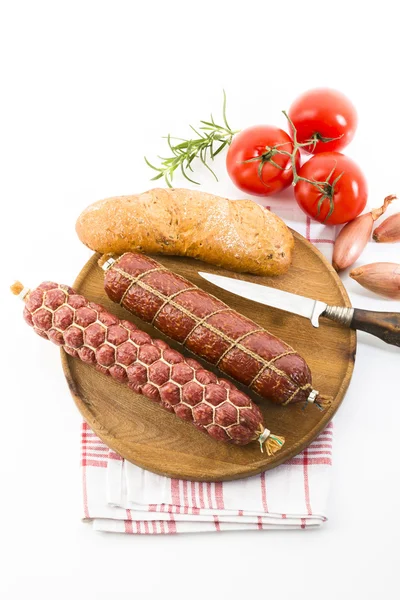 Salame com pão e tomate — Fotografia de Stock