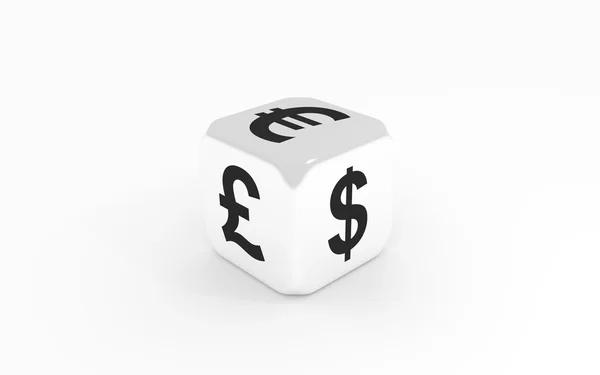 Dice with euro, pound and dollar sign — Stock Photo, Image