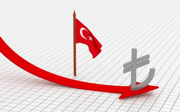 Fallande röd pil med symbol för turkiska Lira — Stockfoto